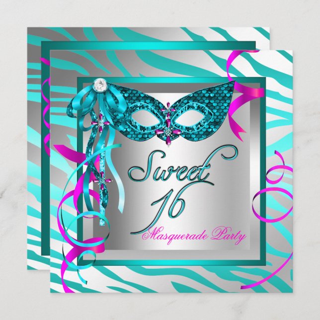Masquerade Sweet 16 Sixteen Teal Blue Zebra Invitation (Front/Back)