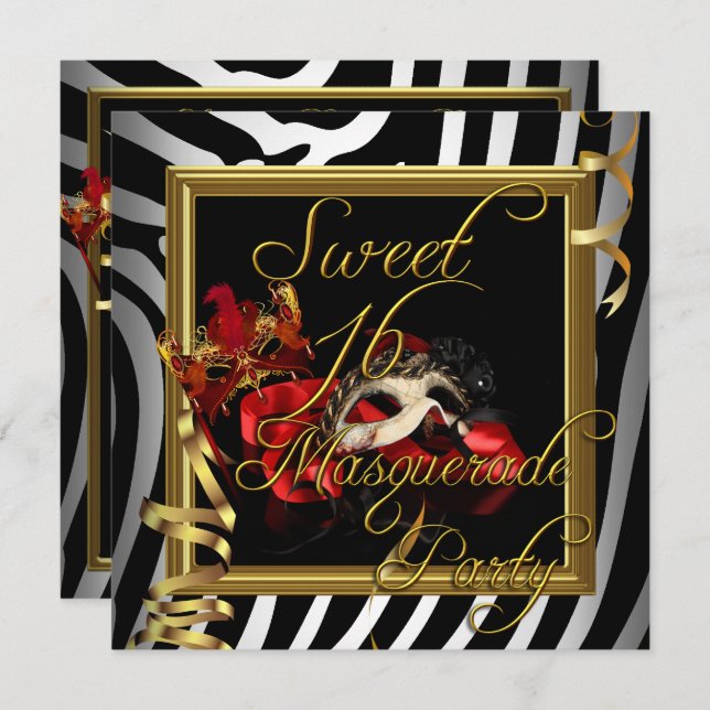 Masquerade Sweet 16 Sweet Sixteen Zebra Red Invitation (Front/Back)