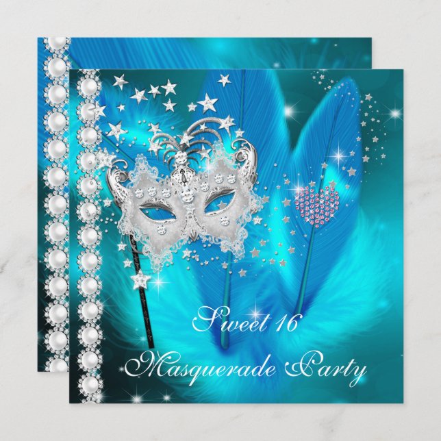 Masquerade Sweet 16 Teal Black Feather Mask 2 Invitation (Front/Back)