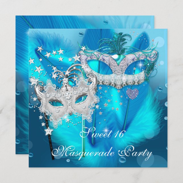 Masquerade Sweet 16 Teal Blue Feather Mask 3 Invitation (Front/Back)