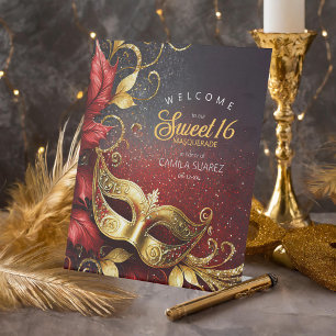 Masquerade Sweet 16 Welcome Red Gold ID1032 Pedestal Sign