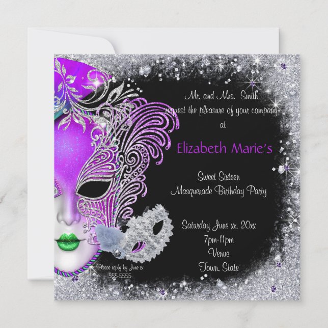Masquerade, Sweet Sixteen, Glitter Invitation (Front)