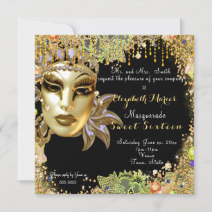 Masquerade, Sweet Sixteen, Gold Glitter Lace Invitation