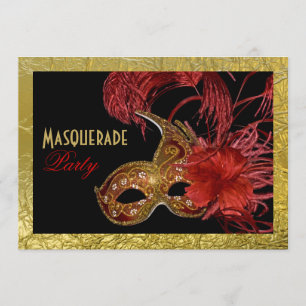 Masquerade Sweet Sixteen party red, faux gold foil Invitation
