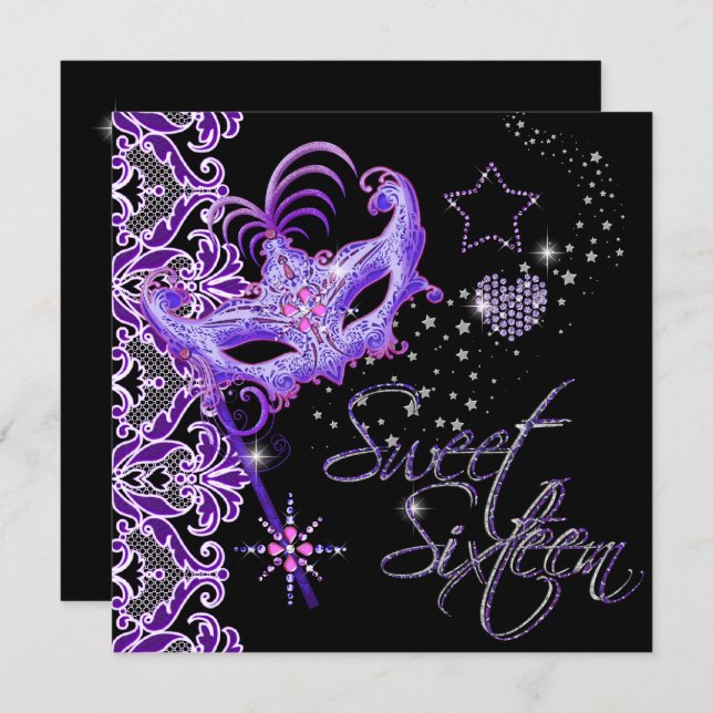 Masquerade Sweet Sixteen Sweet 16 Purple Black Invitation (Front/Back)