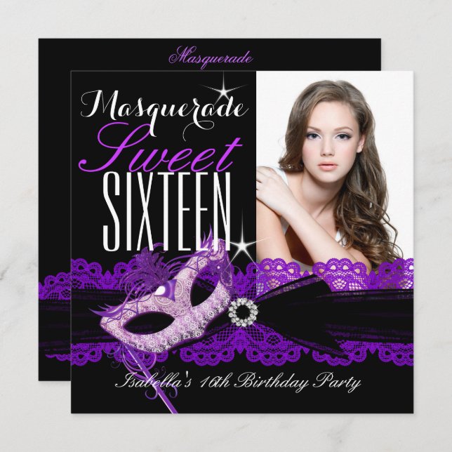 Masquerade Sweet Sixteen Sweet 16 Purple Black Invitation (Front/Back)