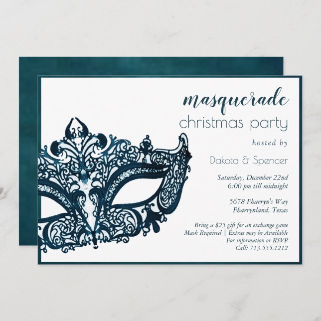 Masquerade Teal Mask | Mardi Gras Theme Christmas Invitation (Front/Back)
