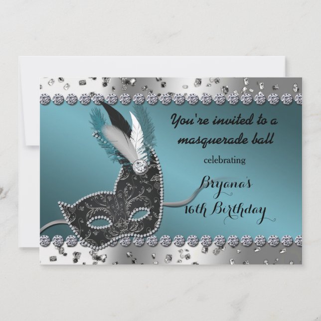 Masquerade teal Silver Birthday Party Invitation (Front)