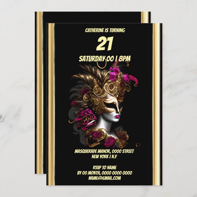 Masquerade theme carnival fuchsia gold mask masked invitation (Front/Back)