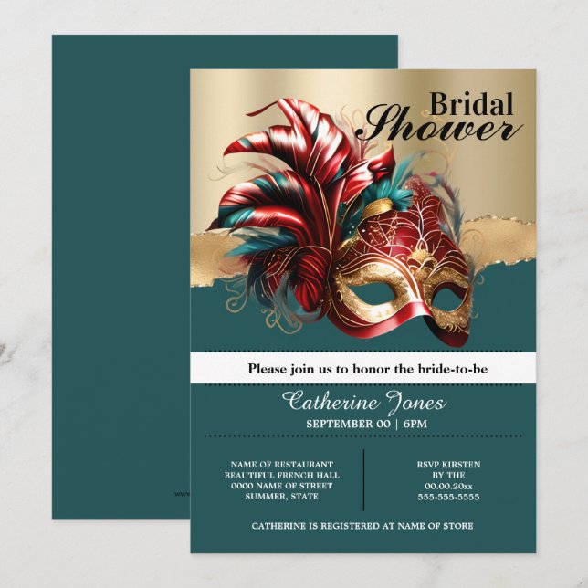 Masquerade Venetian mask feathers bridal shower  Invitation (Front/Back)