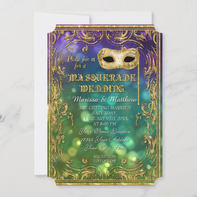 Masquerade Wedding Antique Vintage Mask Bokeh Gold Invitation (Front)
