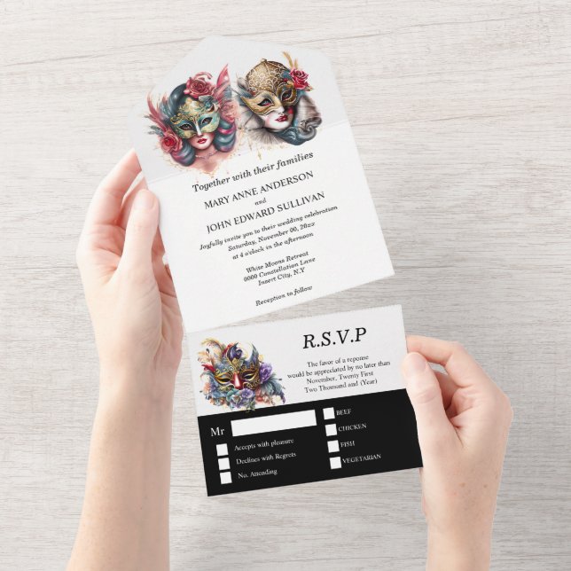 Masquerade wedding | bride groom venetian masks  all in one invitation (Tearaway)