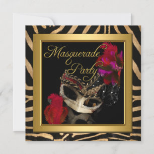 Masquerade Zebra Mask Red Gold Birthday Party Invitation