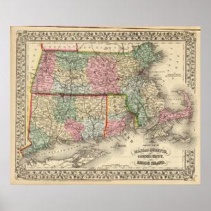 Mass, Conn, RI Map by Mitchell Poster