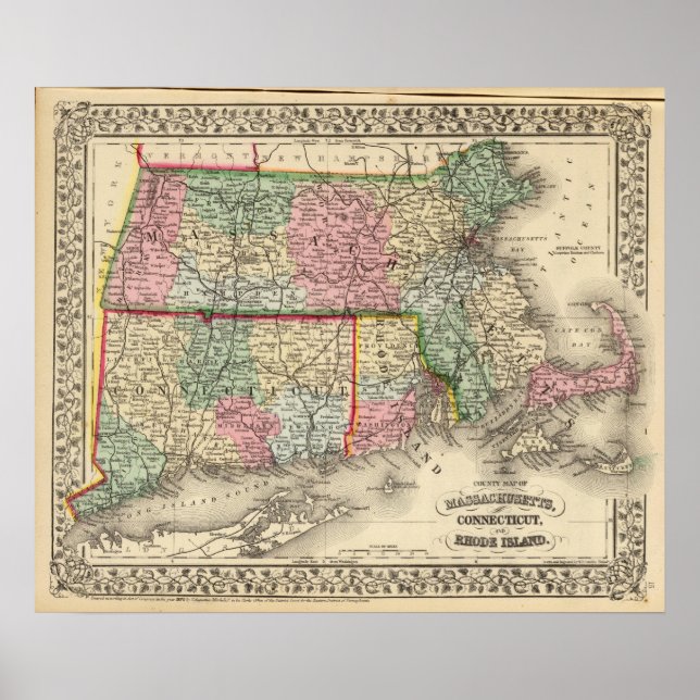 Mass, Conn, RI Map by Mitchell Poster (Front)
