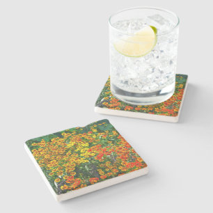 MASS OF DAINTY ORANGE, GOLD AND YELLOW FLOWERS STONE COASTER