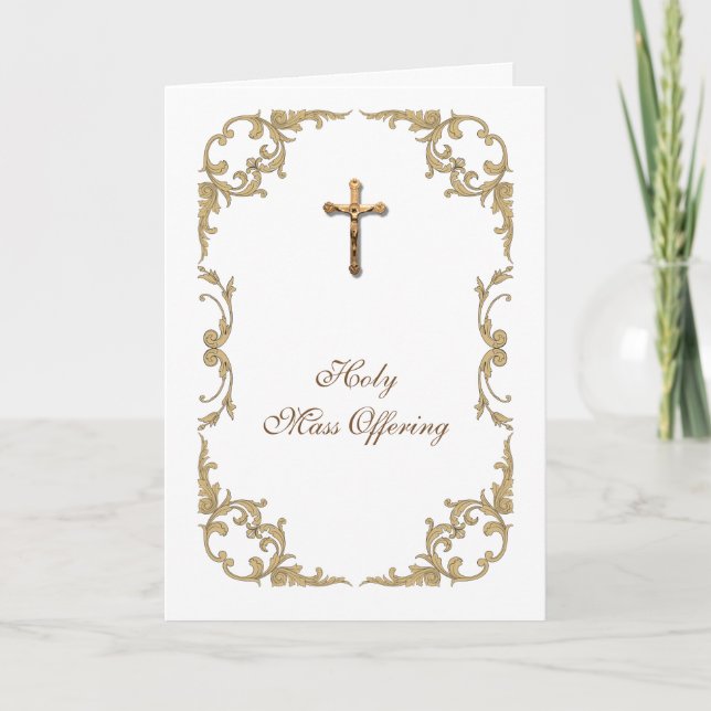 Mass Offering Gold Crucifix Sympathy Condolence Thank You Card (Front)