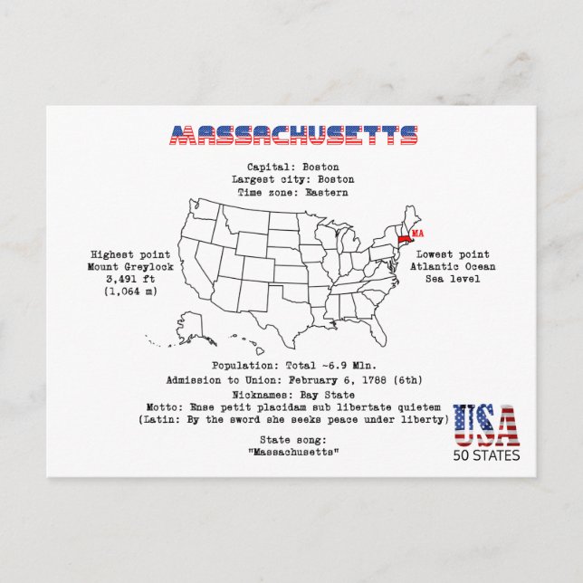 Massachusetts American state on a map and details Holiday Postcard (Front)