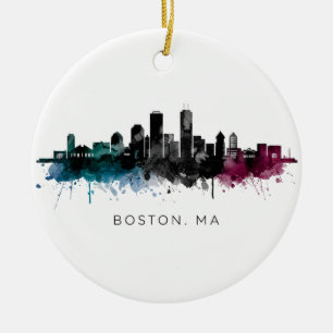 Massachusetts Art Boston MA Skyline Watercolor Ceramic Ornament