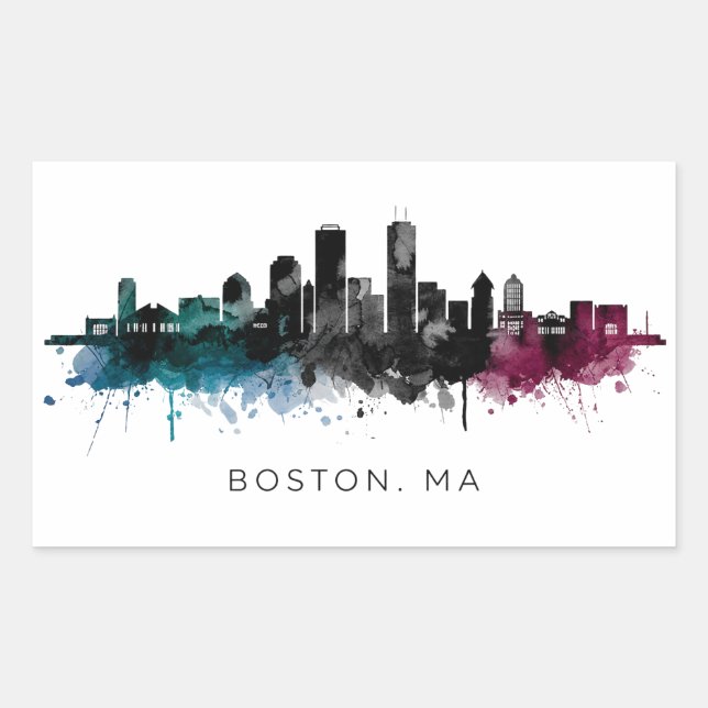 Massachusetts Art | Boston MA Skyline Watercolor Rectangular Sticker (Front)