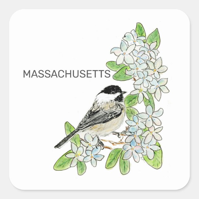 Massachusetts bird and flower square sticker (Front)