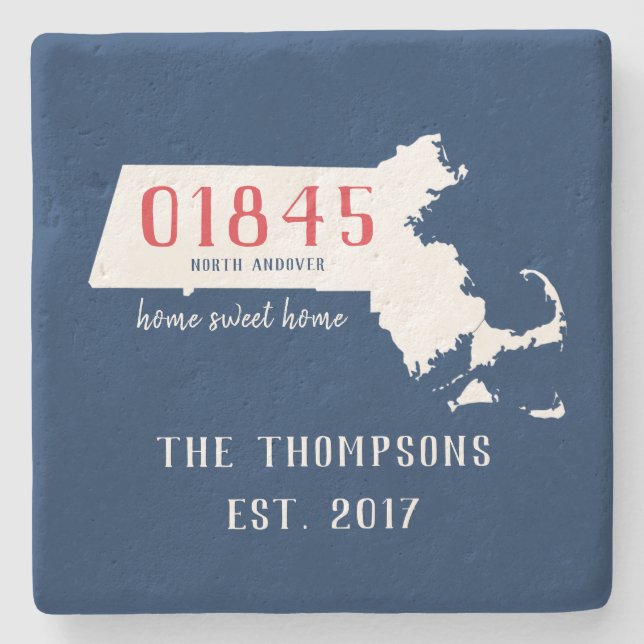 Massachusetts Custom  Town Zip Code Drink Coasters (Front)