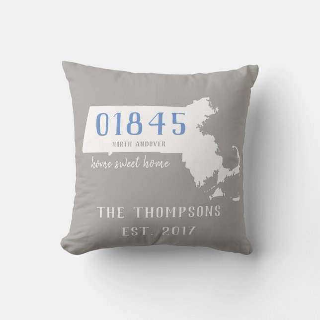 Massachusetts Custom Town Zip Code Home Pillow (Front)