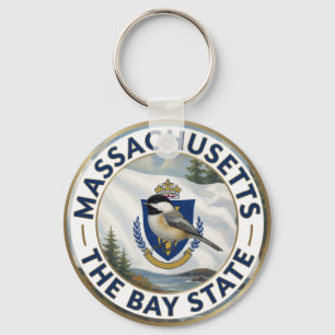 🌊 Massachusetts Flag and Black-capped Chickadee Key Ring