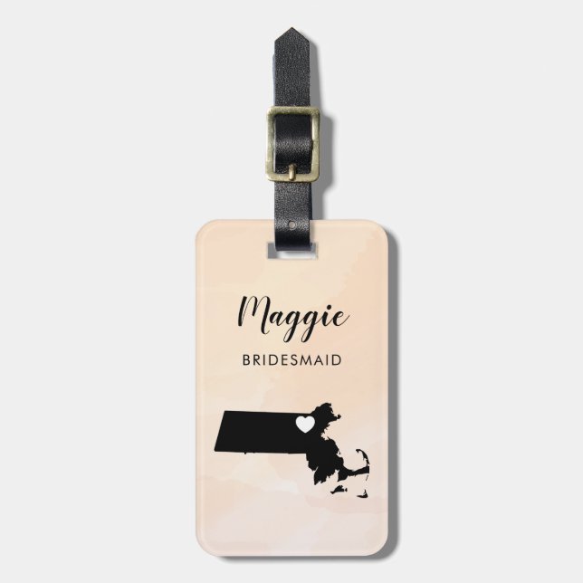 Massachusetts Map Luggage Tag, Wedding Party Luggage Tag (Front Vertical)