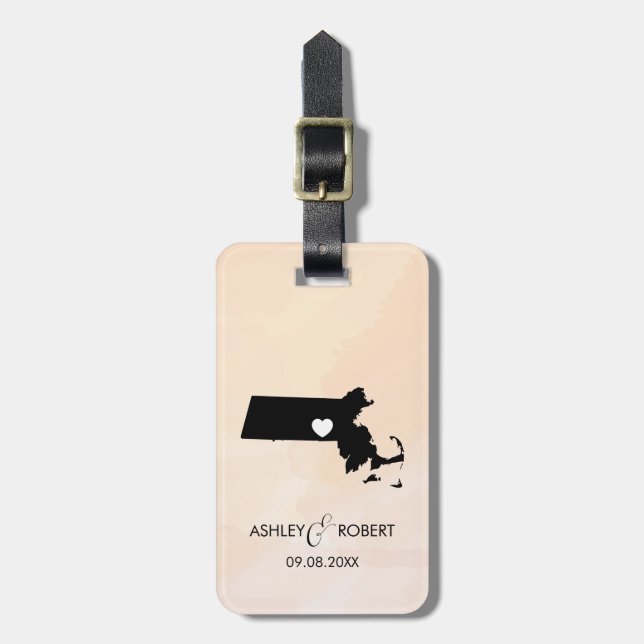 Massachusetts Map Wedding Luggage Tag, Personalise Luggage Tag (Front Vertical)