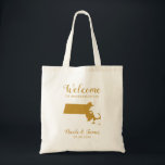 Massachusetts Map Wedding Welcome Bag Tote, Gold<br><div class="desc">Wedding weekend welcome gift bag for out of town guests to your wedding,  featuring image of Massachusetts,  with heart you may place at the precise location. Fill tote with your favourite goodies.</div>