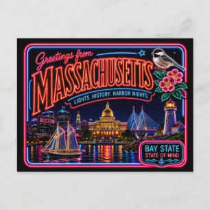 Massachusetts Neon State Retro Vintage Postcard