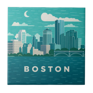 Massachusetts Night Cityscape Boston City Ceramic Tile