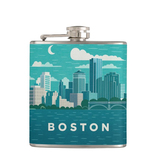 Massachusetts Night Cityscape | Boston City Hip Flask (Front)