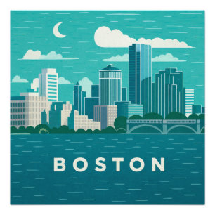 Massachusetts Night Cityscape   Boston City Photo Print
