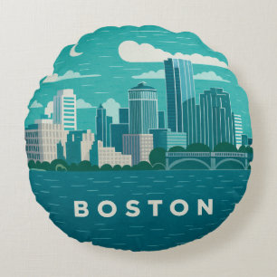Massachusetts Night Cityscape   Boston City Round Cushion