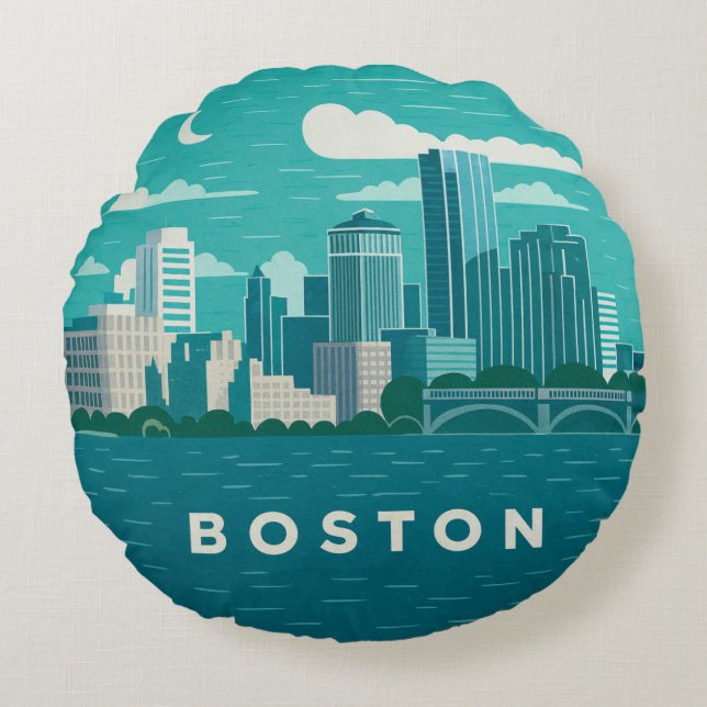 Massachusetts Night Cityscape | Boston City Round Cushion (Front)