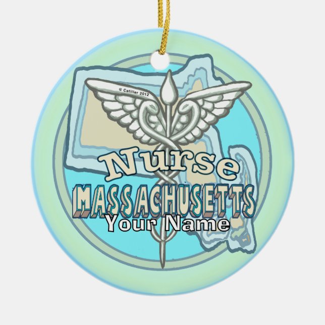 Massachusetts Nurse Caduceus Ceramic Ornament (Front)