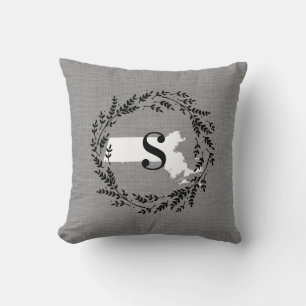 Massachusetts Rustic Wreath Monogram Throw Pillow