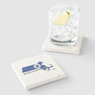 Massachusetts State Flag and Map Stone Coaster