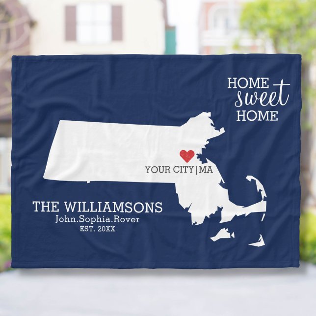 Massachusetts State Map Custom Names, City, Colour Fleece Blanket (Creator Uploaded)