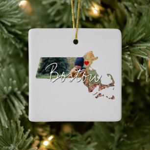 Massachusetts State Photo insert and town name Ceramic Ornament