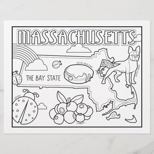 massachusetts state shape and facts colouring page (Front)
