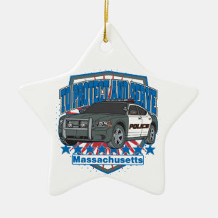 Massachusetts To Protect and Serve Police Car Ceramic Tree Decoration