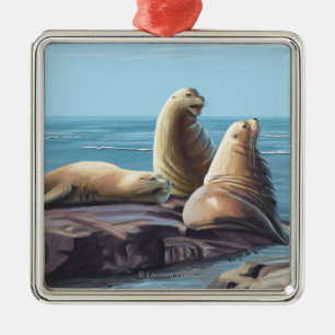 MassachusettsSea Lions Scene Metal Tree Decoration