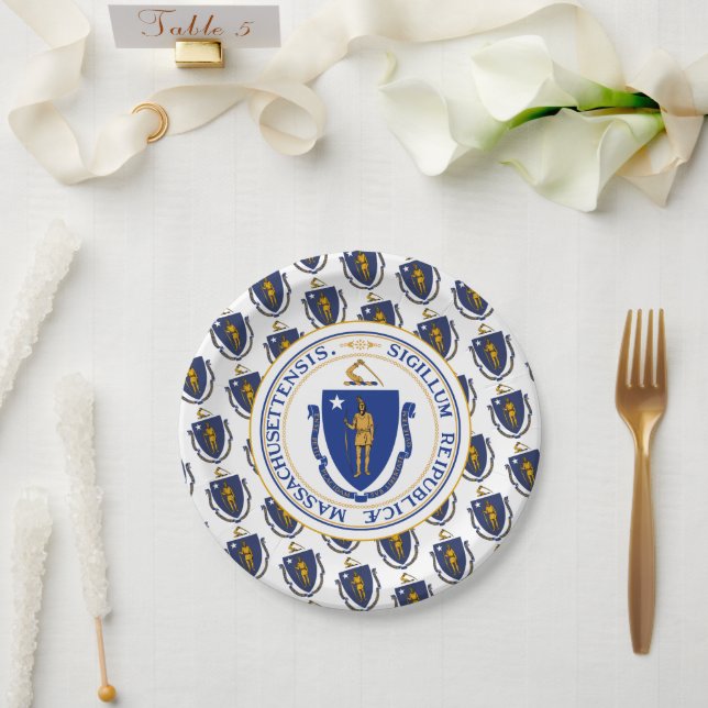 Massachusite Flag & Seal, Massachusetts Paper Plate (Wedding)