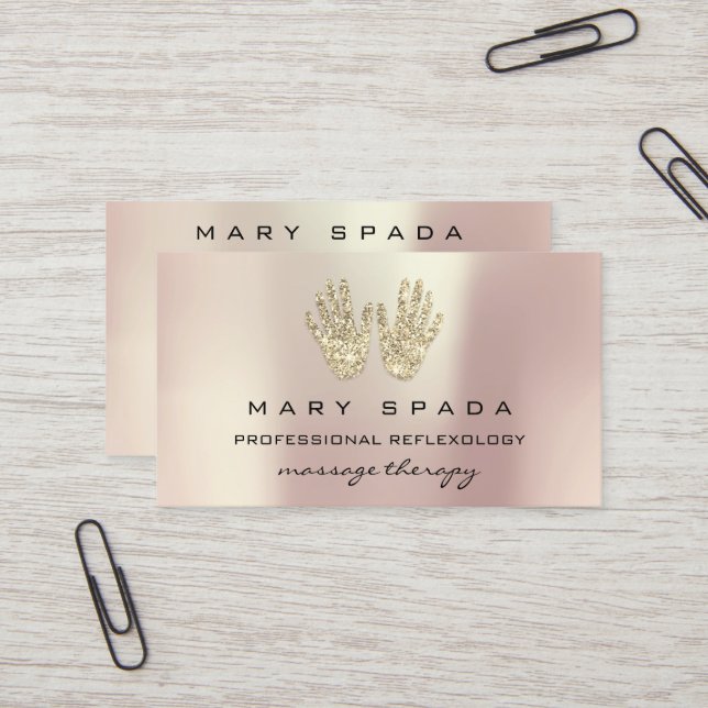 Massage Reflexology Glitter Hands Rose Gold Business Card (Front/Back In Situ)