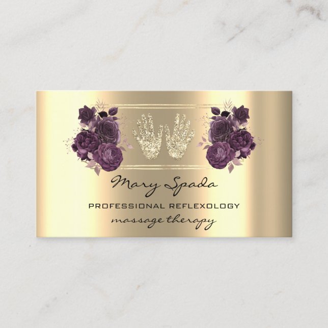 Massage Reflexology Reiki Hand Faux Gold QR Purple Business Card (Front)