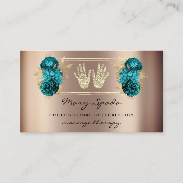 Massage Reflexology Reiki Hands Faux Gold QR Teal Business Card (Front)