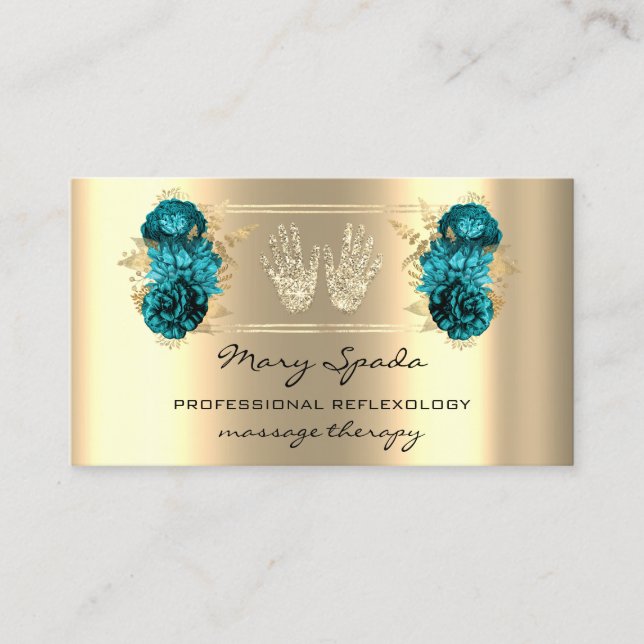 Massage Reflexology Reiki Hands Faux Gold QR Teal Business Card (Front)